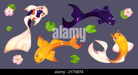 Koi fish and lotus flowers set isolated on black background. Vector cartoon illustration of white and golden carps swimming in traditional Asian pond, Japanese water garden design elements top view Stock Vector