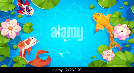 Top view on koi fish with lotus leaves and flowers swimming in blue water of Japanese or Chinese pond with empty space for text. Cartoon vector border and frame with oriental underwater animals. Stock Vector