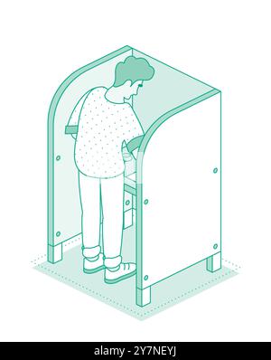 Man standing in voting booth and make their choice. Isometric outline concept. Vector illustration. Political presidential election. Stock Vector