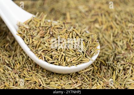 Spoon seasoning dry chopped rosemary close-up. Stock Photo