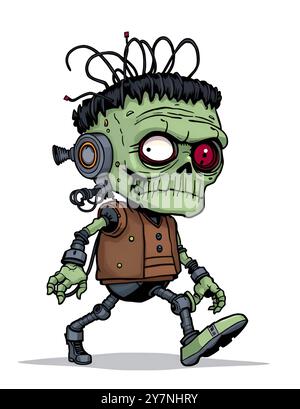 A cartoon-style robot inspired by Frankenstein with a boxy body, large green glowing eyes, and multiple cables and circuits attached to its head. Stock Photo