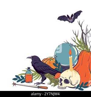 Vector mystical illustration with magic ball, skull and raven. Occult symbols in flat style. Clipart for Halloween. Witchcraft, astrological, esoteric Stock Vector
