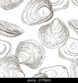 Vector seamless pattern of oysters. Hand drawn oyster shells on white background, linear sketch. Engraving effect, ink fox. Clipart for packaging, men Stock Vector