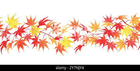 Autumn border on white background. Time of leaf fall. Red and orange leaves of Japanese maple in seamless horizontal pattern. Vector illustration. Stock Vector