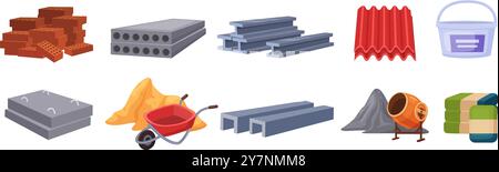Construction materials heaps. Concrete panels, bricks and stones piles. Metal building details, sand and roof covering for renovation, nowaday vector Stock Vector