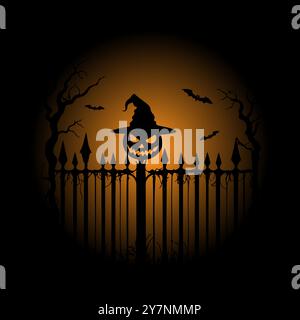 Scary pumpkin head in hat, poster on orange background, put on Halloween old cemetery fence, black silhouette. Vector illustration Stock Vector
