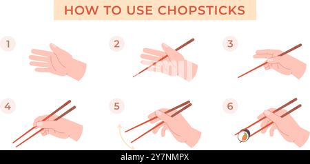 How to use chopsticks. Asian utensils using instruction. Chinese korean japanese vietnamese chopstick eating style, fingers positions racy vector Stock Vector
