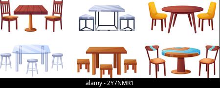 Tables and chairs. Glass metal wood table, chair and stool. Design furniture for eating indoor and outdoor, for restaurants interior or picnic Stock Vector