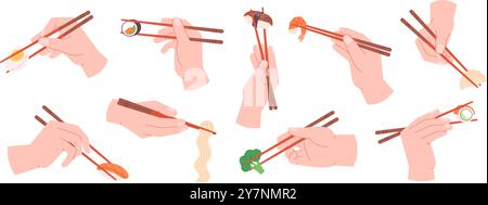 Eating with chopsticks. Hands holding chopstick, asian style utensils and eat food, sushi dumplings noodles vegetables. Chinese japanese racy vector Stock Vector