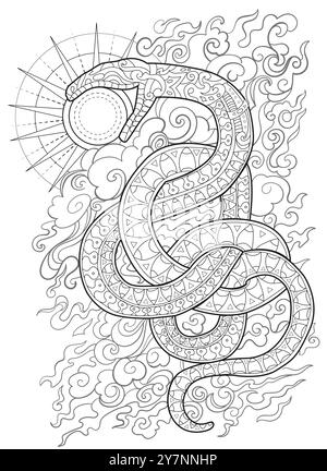 Hand drawn line art illustration with sun and snake - symbol of the year according to eastern horoscope. Graphic artwork for coloring page. Esoteric, Stock Vector