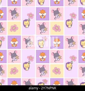 Seamless square geometric pattern with cute hamster chinchilla, and hedgehog. Funny cartoon rodent character with seed, spikelets and flower on bright Stock Vector