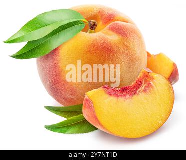 Ripe red peach with juicy peach slices and green leaf isolated on white background. Stock Photo