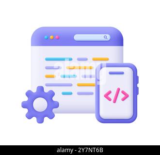 Web page and smartphone with code symbol and gear cogwheel. Web development, software engineering, setting and tools, programming and coding concept. Stock Vector