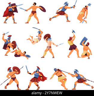 Roman gladiator characters. Ancient rome empire soldiers, cartoon gladiators slave warriors historic fight in coliseum arena, armor man in spartan helmet recent vector illustration original artwork Stock Vector