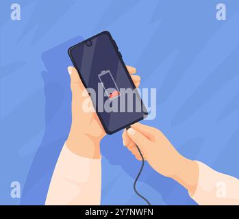 Hand charged phone. Plugged smartphone charging concept, hands holding telephone with mobile charger usb cable power adapter, recharge low cell battery neat vector illustration original artwork Stock Vector