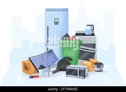 Appliances waste. Electronic household appliance pile trash, recycling garbage used device technology rubbish ecology pollution electrical junk dump, eco neat vector illustration original artwork Stock Vector