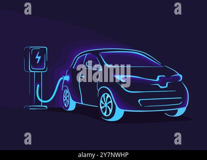Ev charger abstract. Electro car electricity silhouette in dark background, electric vehicle charge station parking future auto abstract energy concept, neat vector illustration original artwork Stock Vector