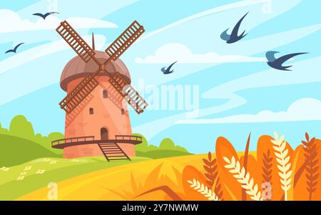 Cartoon windmill landscape. Rural wind mill in farm wheat cereal field, traditional old europe windmills countryside nature sky background, wind energy neat vector illustration original artwork Stock Vector