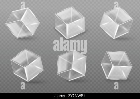 Realistic glass cubes. Glassy plastic transparent boxes, clear crystal acrylic cube geometric square shape empty showcase podium glossy display pedestal, exact vector illustration original artwork Stock Vector