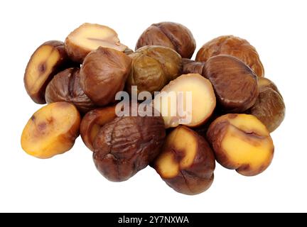 Group of whole cooked sweet chestnuts isolated on a white background Stock Photo