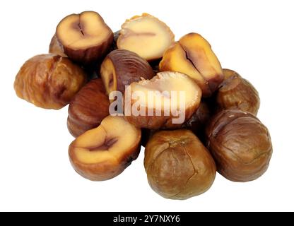 Group of whole cooked sweet chestnuts isolated on a white background Stock Photo