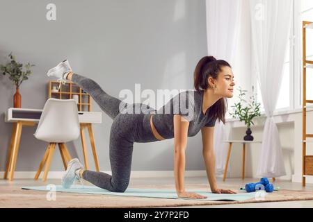 Young Woman Working Out At Home And Doing Stretching Exercise Stock Photo
