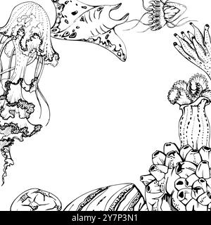 Marine life, sea ocean underwater creatures fish, shells algae seaweed, Ink and pen sketch hand drawn. Border frame illustration, stylized, isolated Stock Vector