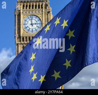 London, UK. EU flag flying in front of Big Ben in Parliament Square Stock Photo