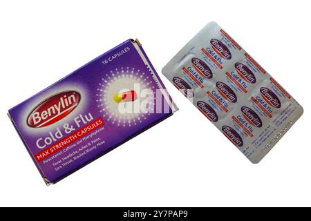 Benylin Cold & Flu max strength capsules with blister pack removed isolated on white background Stock Photo