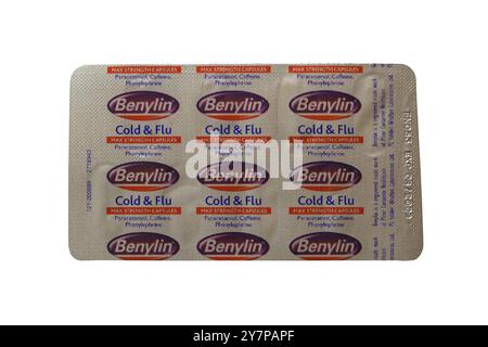 blister pack of Benylin Cold & Flu max strength capsules isolated on white background Stock Photo