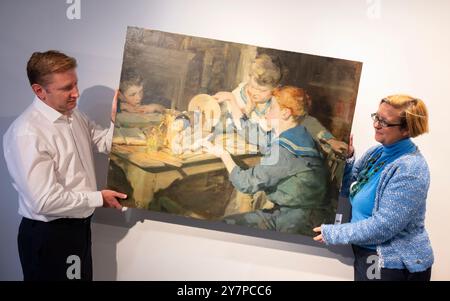 Cromwell Place, London, UK. 1st Oct, 2024. Bellmans Fine Art Auctioneers preview highlights of their London auctions, taking place from 15th-17th October. Highlights include: William Christian Symons (British, 1845-1911), Electricians, estimate £5,000-7,000. Credit: Malcolm Park/Alamy Live News Stock Photo