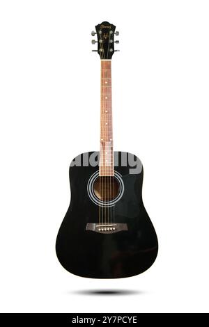 Izmir, Turkey - Jun 20 2024: Front view of an Ibanez brand acoustic guitar photographed on a white background, showcasing its classic black body and d Stock Photo