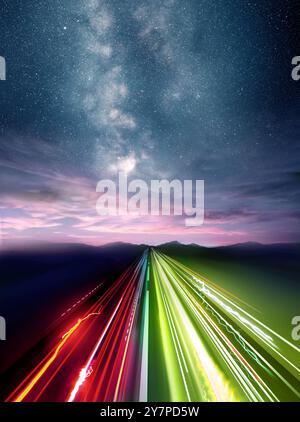 Speeding light trails accelerating into the future. Business and technology concept. Photo Composition. Stock Photo