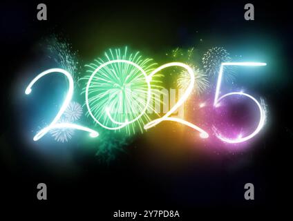 2025 Fireworks New Year Celebrations Numbers Fireworks. Background holiday concept. Stock Photo