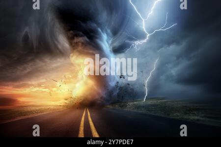 A dramatic storm at sunset producing a powerful tornado twisting through the countryside with sheet lightning. Landscape mixed media illustration. Stock Photo