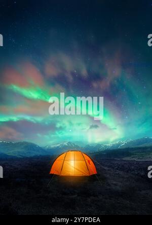 Travelling experience camping under the Northern Lights. Photo composite. Stock Photo