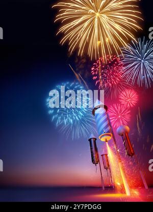 Fireworks night party celebrations with beautiful colours. Composition illustration Stock Photo