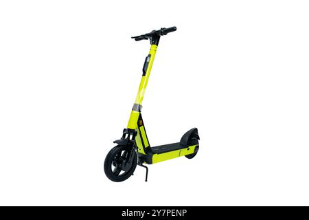 New yellow electric scooter isolated on white. City Bike of rental system Stock Photo