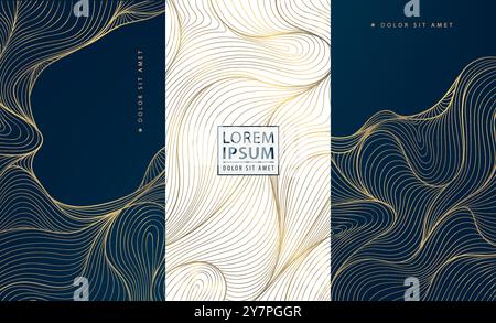 Vector set of elegant glitter sea fames, luxury art deco wave covers, modern white and blue golden illustrations. Fancy wine package, ocean posters. Stock Vector