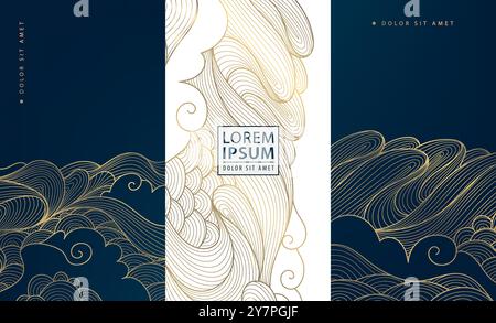 Vector set of elegant glitter sea fames, luxury art deco wave covers, modern white and blue golden illustrations. Fancy wine package, ocean posters. Stock Vector