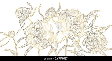 Vector golden flowers line background, gold peonies wallpaper. Vintage nature ornament, bloom luxury wedding graphic, botanical japanese pattern. Stock Vector