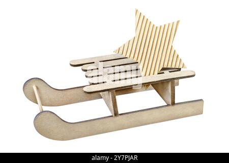 Wooden Christmas sleigh and star isolated on white background Stock Photo