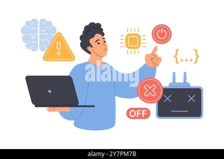 Control and refusal to use AI services. Tiny man with laptop pressing red off button, cross over robots head to prohibit work of brain with artificial intelligence cartoon vector illustration Stock Vector