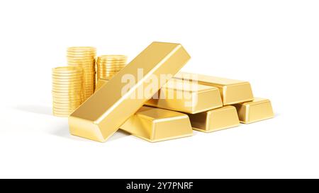 Gold bars and coins isolated on white background. 3d illustration. Stock Photo