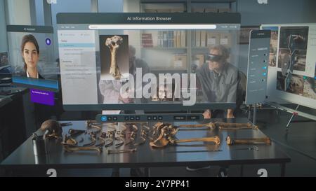 Advanced archaeological lab: Two archaeologists in VR headsets conduct bones examination using augmented reality. 3D render of virtual display with AI assistant and browser with scientific information Stock Photo