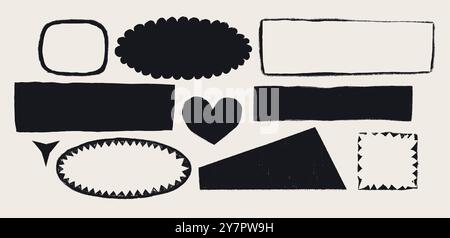 Various geometrical shapes with ripped border. Simple figures with rough torn edges. Black vector collage torn paper piece or vintage paint stain Stock Vector