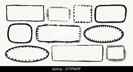 Simple frames with rough torn edges. Various geometrical shapes with ripped border. Black vector collage torn paper piece or vintage paint stain Stock Vector