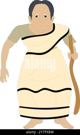 Indian old woman character front view  design for cartoon animation. old widow character. Desi grandmother standing with a stick wearing white saree Stock Vector