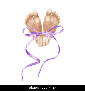 The baby's feets with purple ribbon as a symbol of unity,family,love and tenderness.llustrations for World Premature Baby Day,Children's Day.Hand Stock Photo