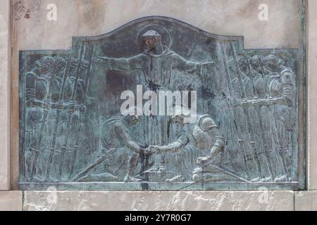 Pamplona, Spain - July 10th, 2024: St Francis of Assisi monument. Pacification relief Made by Ramon Arcaya in 1923, Pamplona, Navarra, Spain Stock Photo